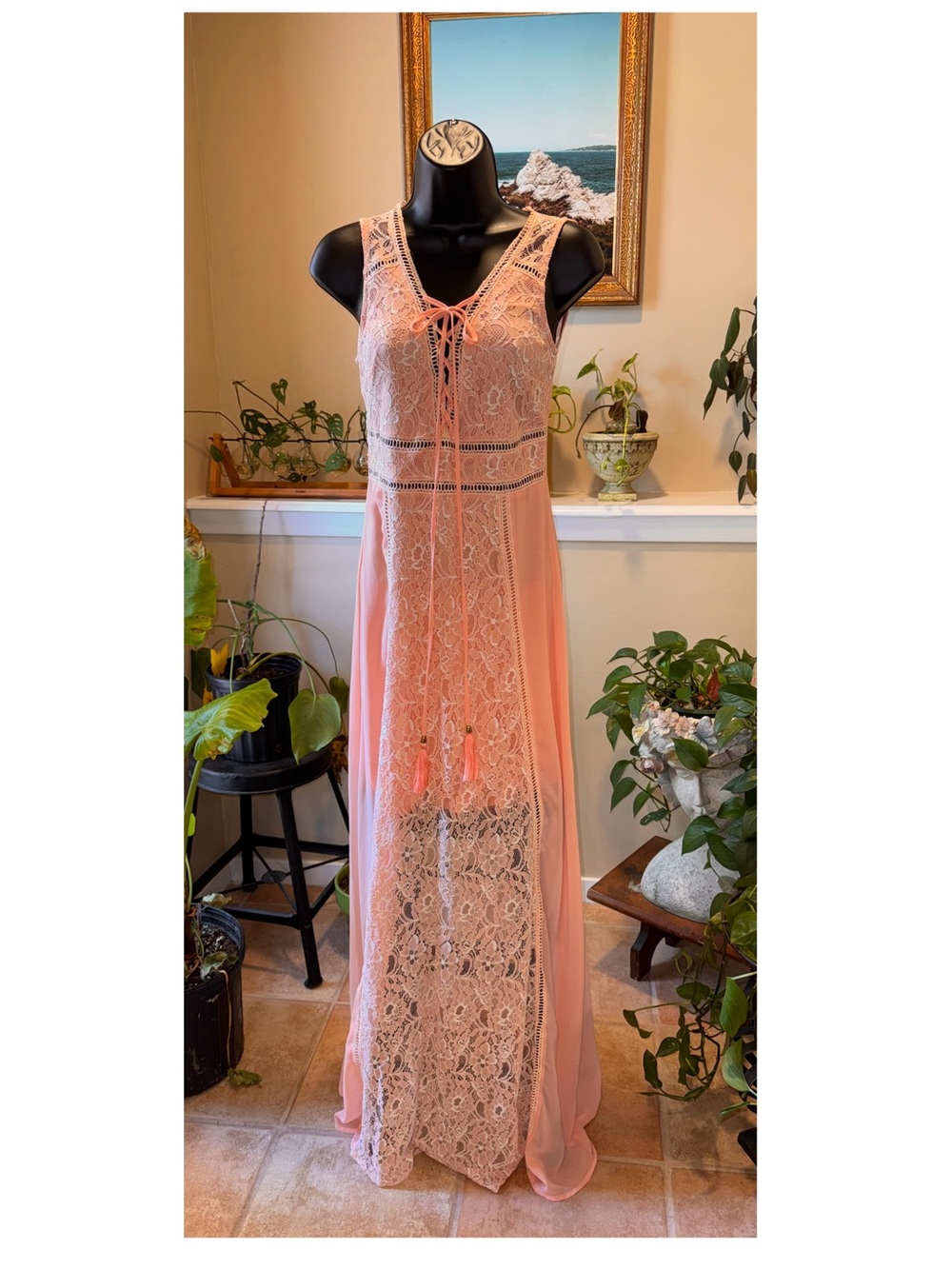 the clothing company Peach Lace Maxi Dress with Tie Front